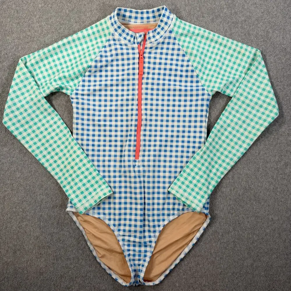 Crewcuts Girls 12 Gingham Long Sleeve Rash Guard Swimsuit UPF 50+ Zipper Blue